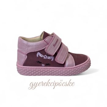   Szamos Kölyök lányka bokacipő – Mályva-pink, hímzett kiscicás bőr cipő (1915-500132)