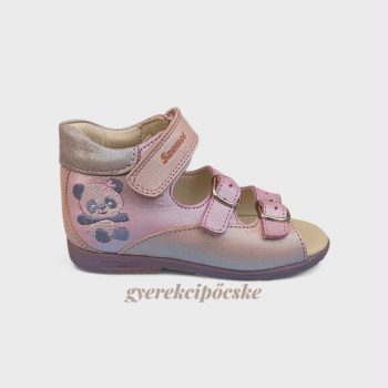 Szamos Kölyök szupinált kislány bőr szandál pink-ezüst színben pandás hímzéssel