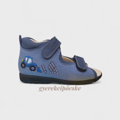 Szamos Kölyök szupinált fiú bőr szandál - Világoskék/Sötétkék traktoros hímzéssel