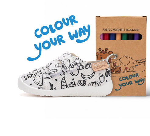 D.D.Step "Colour Your Way" gyümölcsök és zöldségek mintás barefoot gyerek szobacipő és vászoncipő + textilfilcek (C086-71353)