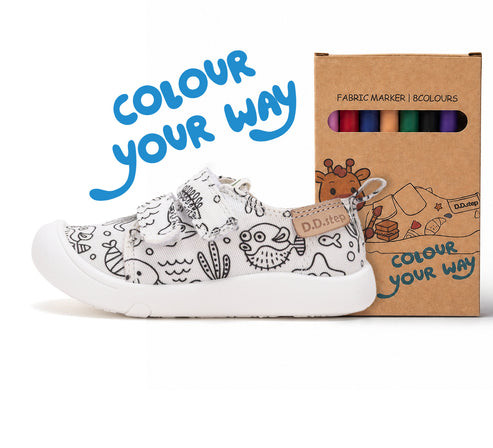 D.D.Step "Colour Your Way" tengeri világ mintás kifesthető kislány/kisfiú vászoncipő + textilfilcek (C100-71174A)