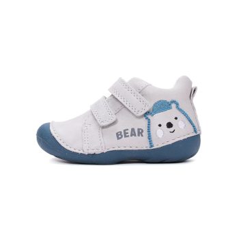 D.D.Step kisfiú bőr első lépés cipő S015-61472B világosszürke színben sötétkék talppal és Bear feliratos maci mintával